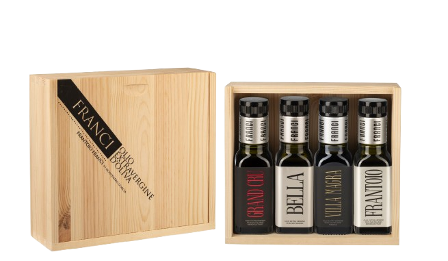 FRANTOIO FRANCI Ekstra väärisoliiviõli kinkekomplekt puitkarbis, DELICATE FRANTOIO, BELLA, VILLA MAGRA, GRAND CRU, 4x100ml